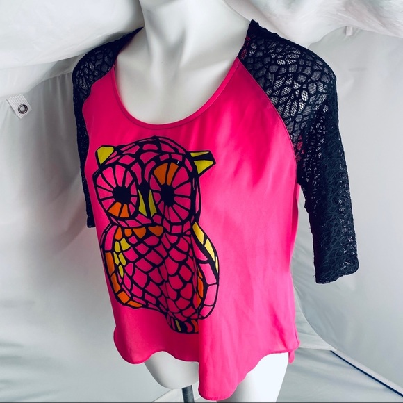 L’Amour Nanette Lepore pink and black owl blouse L - Picture 2 of 8
